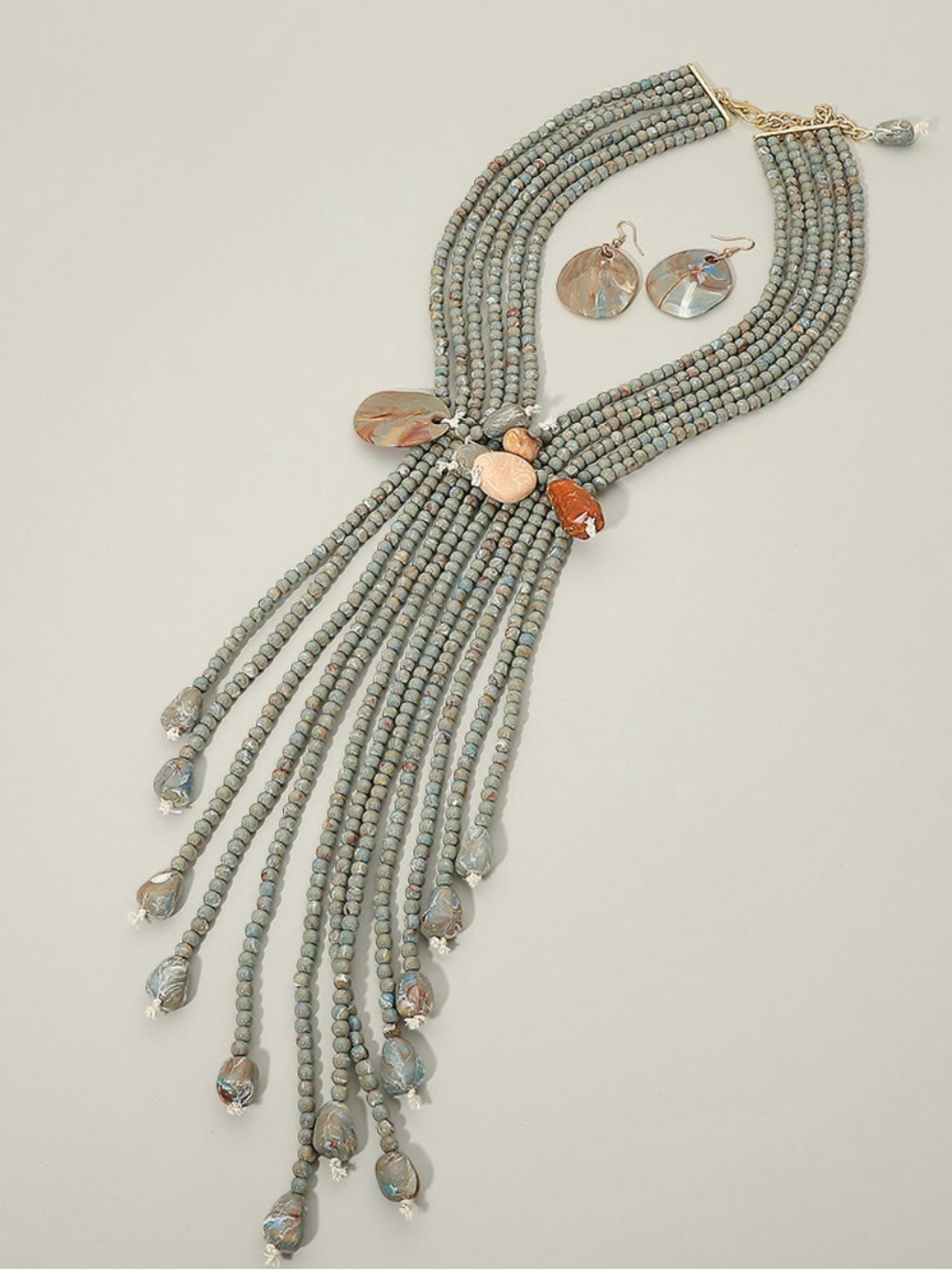 Multi-Strand Beaded Fringe Necklace and Earring Set in Sage
